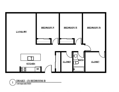 Floor plan for 3 beds, 1 bath, 1185 sqft
